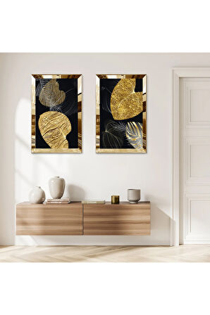 GOLD AYNALI PLEKSİ ÇERÇEVELİ SİYAH ARKA PLANLI SOYUT DEKORATİF GOLD ÇİÇEK İKİLİ MDF TABLO SETİ
