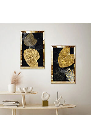 GOLD AYNALI PLEKSİ ÇERÇEVELİ SİYAH ARKA PLANLI SOYUT DEKORATİF GOLD ÇİÇEK İKİLİ MDF TABLO SETİ