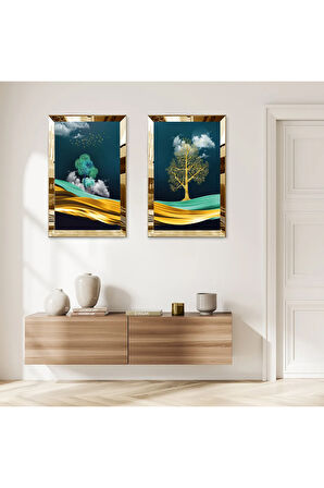 GOLD AYNALI PLEKSİ ÇERÇEVELİ GECE AĞAÇ MANZARALI MODERN İKİLİ MDF TABLO SETİ