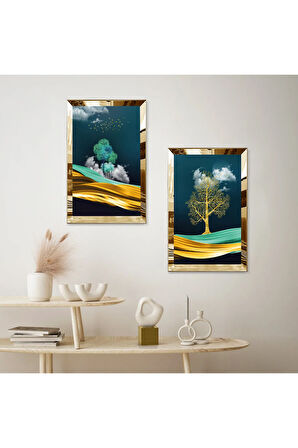 GOLD AYNALI PLEKSİ ÇERÇEVELİ GECE AĞAÇ MANZARALI MODERN İKİLİ MDF TABLO SETİ