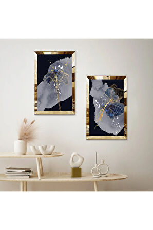 GOLD AYNALI PLEKSİ ÇERÇEVELİ SİYAH ARKA PLANLI GRİ SOYUT ŞEKİLLİ MODERN İKİLİ MDF TABLO SETİ