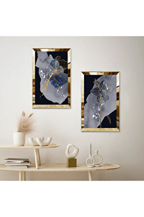 GOLD AYNALI PLEKSİ ÇERÇEVELİ SİYAH ARKA PLANLI GRİ SOYUT ŞEKİLLİ İKİLİ MDF TABLO SETİ