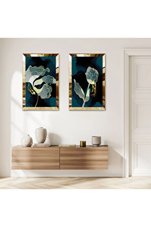 GOLD AYNALI PLEKSİ ÇERÇEVELİ YEŞİL ARKA PLANLI DEKORATİF GÜL İKİLİ MDF TABLO SETİ