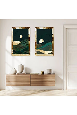 GOLD AYNALI PLEKSİ ÇERÇEVELİ GECE DAĞ MANZARALI MODERN İKİLİ MDF TABLO SETİ