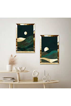 GOLD AYNALI PLEKSİ ÇERÇEVELİ GECE DAĞ MANZARALI MODERN İKİLİ MDF TABLO SETİ