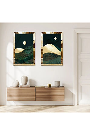GOLD AYNALI PLEKSİ ÇERÇEVELİ DEKORATİF GECE DAĞ MANZARALI İKİLİ MDF TABLO SETİ