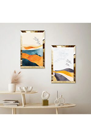 GOLD AYNALI PLEKSİ ÇERÇEVELİ DAĞIN ÜSTÜNDE UÇAN KUŞLAR MODERN İKİLİ MDF TABLO SETİ