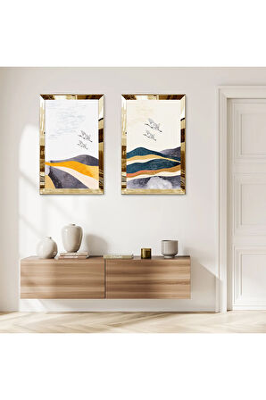 GOLD AYNALI PLEKSİ ÇERÇEVELİ DAĞIN ÜSTÜNDE UÇAN KUŞLAR İKİLİ MDF TABLO SETİ