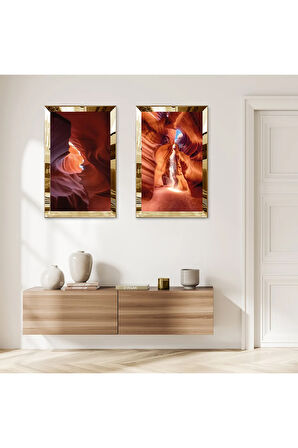 GOLD AYNALI PLEKSİ ÇERÇEVELİ TURUNCU SOYUT KUM MODERN İKİLİ MDF TABLO SETİ