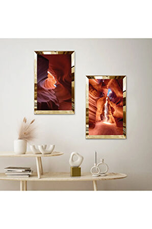 GOLD AYNALI PLEKSİ ÇERÇEVELİ TURUNCU SOYUT KUM MODERN İKİLİ MDF TABLO SETİ