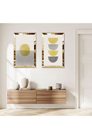 GOLD AYNALI PLEKSİ ÇERÇEVELİ BEYAZ ARKA PLANLI MODERN YUVARLAKLAR İKİLİ MDF TABLO SETİ