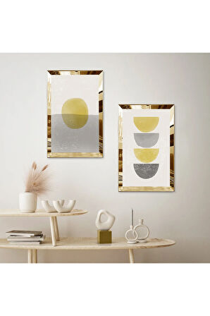 GOLD AYNALI PLEKSİ ÇERÇEVELİ BEYAZ ARKA PLANLI MODERN YUVARLAKLAR İKİLİ MDF TABLO SETİ