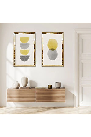 GOLD AYNALI PLEKSİ ÇERÇEVELİ MODERN BEYAZ ARKA PLANLI YUVARLAKLAR İKİLİ MDF TABLO SETİ