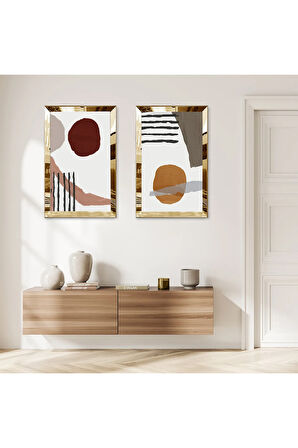 GOLD AYNALI PLEKSİ ÇERÇEVELİ BEYAZ ARKA PLANLI DEKORATİF SOYUT TAŞ DESENLİ İKİLİ MDF TABLO SETİ
