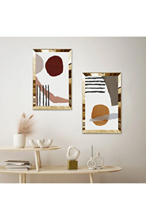 GOLD AYNALI PLEKSİ ÇERÇEVELİ BEYAZ ARKA PLANLI DEKORATİF SOYUT TAŞ DESENLİ İKİLİ MDF TABLO SETİ