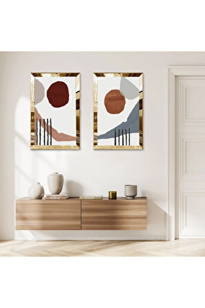 GOLD AYNALI PLEKSİ ÇERÇEVELİ BEYAZ ARKA PLANLI SOYUT TAŞ DESENLİ İKİLİ MDF TABLO SETİ