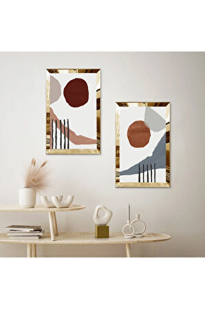 GOLD AYNALI PLEKSİ ÇERÇEVELİ BEYAZ ARKA PLANLI SOYUT TAŞ DESENLİ İKİLİ MDF TABLO SETİ