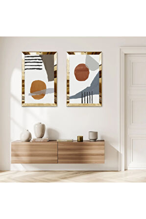 GOLD AYNALI PLEKSİ ÇERÇEVELİ BEYAZ ARKA PLANLI MODERN SOYUT TAŞ DESENLİ İKİLİ MDF TABLO SETİ
