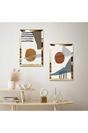 GOLD AYNALI PLEKSİ ÇERÇEVELİ BEYAZ ARKA PLANLI MODERN SOYUT TAŞ DESENLİ İKİLİ MDF TABLO SETİ