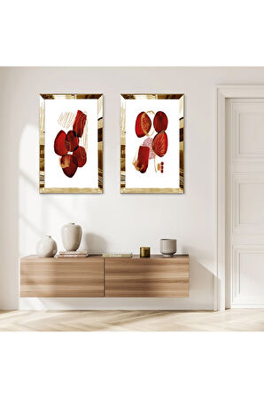 GOLD AYNALI PLEKSİ ÇERÇEVELİ BEYAZ ARKA PLANLI MODERN KIRMIZI ŞEKİLLER İKİLİ MDF TABLO SETİ