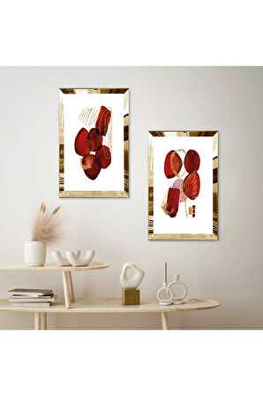 GOLD AYNALI PLEKSİ ÇERÇEVELİ BEYAZ ARKA PLANLI MODERN KIRMIZI ŞEKİLLER İKİLİ MDF TABLO SETİ