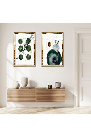 GOLD AYNALI PLEKSİ ÇERÇEVELİ BEYAZ ARKA PLANLI KAPALI YEŞİL ŞEKİLLER MODERN İKİLİ MDF TABLO SETİ