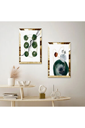 GOLD AYNALI PLEKSİ ÇERÇEVELİ BEYAZ ARKA PLANLI KAPALI YEŞİL ŞEKİLLER MODERN İKİLİ MDF TABLO SETİ