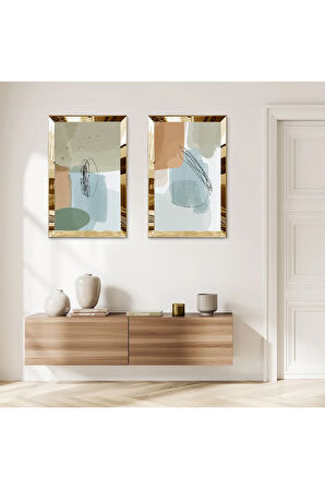 GOLD AYNALI PLEKSİ ÇERÇEVELİ RENKLİ SOYUT ŞEKİLLER İKİLİ MDF TABLO SETİ