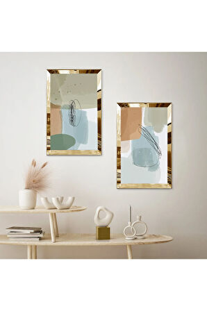 GOLD AYNALI PLEKSİ ÇERÇEVELİ RENKLİ SOYUT ŞEKİLLER İKİLİ MDF TABLO SETİ