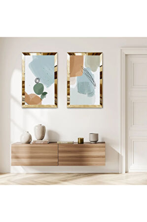 GOLD AYNALI PLEKSİ ÇERÇEVELİ RENKLİ MODERN SOYUT ŞEKİLLER İKİLİ MDF TABLO SETİ
