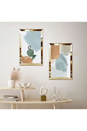 GOLD AYNALI PLEKSİ ÇERÇEVELİ RENKLİ MODERN SOYUT ŞEKİLLER İKİLİ MDF TABLO SETİ