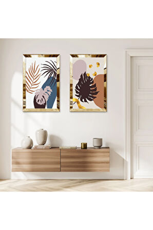 GOLD AYNALI PLEKSİ ÇERÇEVELİ BEYAZ ARKA PLANLI DEKORATİF SOYUT BİTKİ İKİLİ MDF TABLO SETİ