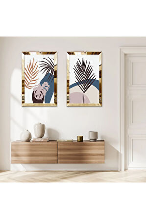 GOLD AYNALI PLEKSİ ÇERÇEVELİ BEYAZ ARKA PLANLI SOYUT MODERN BİTKİLER İKİLİ MDF TABLO SETİ
