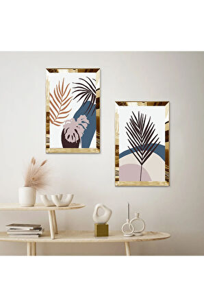 GOLD AYNALI PLEKSİ ÇERÇEVELİ BEYAZ ARKA PLANLI SOYUT MODERN BİTKİLER İKİLİ MDF TABLO SETİ