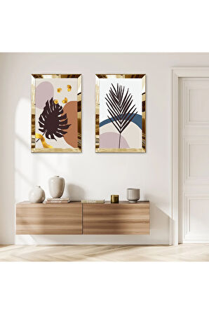 GOLD AYNALI PLEKSİ ÇERÇEVELİ BEYAZ ARKA PLANLI SOYUT BİTKİLER İKİLİ MDF TABLO SETİ
