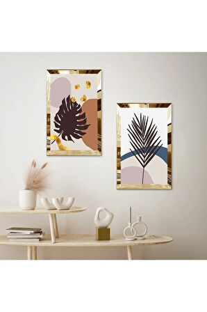 GOLD AYNALI PLEKSİ ÇERÇEVELİ BEYAZ ARKA PLANLI SOYUT BİTKİLER İKİLİ MDF TABLO SETİ