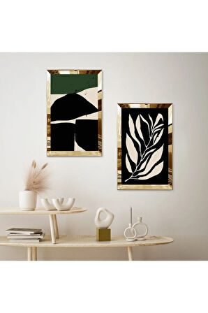 GOLD AYNALI PLEKSİ ÇERÇEVELİ MODERN SOYUT ŞEKİLLER İKİLİ MDF TABLO SETİ