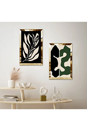 GOLD AYNALI PLEKSİ ÇERÇEVELİ SOYUT ŞEKİLLER İKİLİ MDF TABLO SETİ