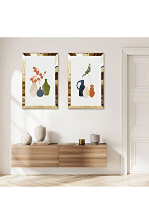 GOLD AYNALI PLEKSİ ÇERÇEVELİ BEYAZ ARKA PLANLI DEKORATİF RENKLİ VAZOLAR İKİLİ MDF TABLO SETİ