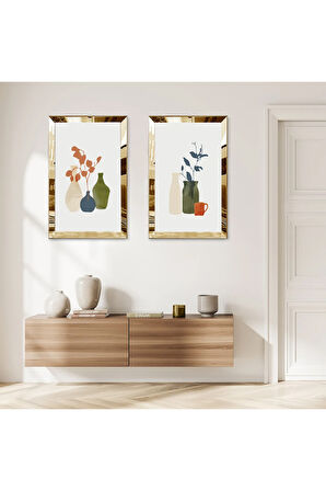 GOLD AYNALI PLEKSİ ÇERÇEVELİ BEYAZ ARKA PLANLI RENKLİ VAZOLAR İKİLİ MDF TABLO SETİ