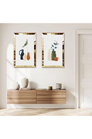 GOLD AYNALI PLEKSİ ÇERÇEVELİ BEYAZ ARKA PLANLI MODERN RENKLİ VAZOLAR İKİLİ MDF TABLO SETİ