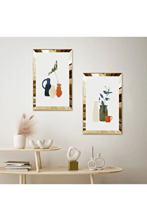 GOLD AYNALI PLEKSİ ÇERÇEVELİ BEYAZ ARKA PLANLI MODERN RENKLİ VAZOLAR İKİLİ MDF TABLO SETİ