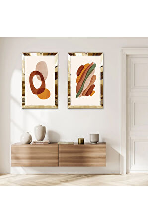 GOLD AYNALI PLEKSİ ÇERÇEVELİ BEYAZ ARKA PLANLI SOYUT YUVARLAK ŞEKİLLER MODERN İKİLİ MDF TABLO SETİ