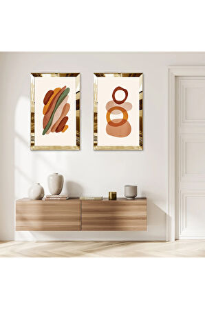 GOLD AYNALI PLEKSİ ÇERÇEVELİ BEYAZ ARKA PLANLI SOYUT YUVARLAK ŞEKİLLER İKİLİ MDF TABLO SETİ