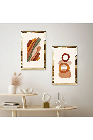 GOLD AYNALI PLEKSİ ÇERÇEVELİ BEYAZ ARKA PLANLI SOYUT YUVARLAK ŞEKİLLER İKİLİ MDF TABLO SETİ