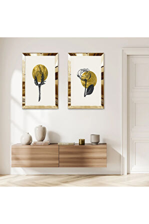 GOLD AYNALI PLEKSİ ÇERÇEVELİ BEYAZ ARKA PLANLI SOYUT MODERN BİTKİ İKİLİ MDF TABLO SETİ