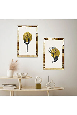 GOLD AYNALI PLEKSİ ÇERÇEVELİ BEYAZ ARKA PLANLI SOYUT MODERN BİTKİ İKİLİ MDF TABLO SETİ