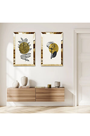 GOLD AYNALI PLEKSİ ÇERÇEVELİ BEYAZ ARKA PLANLI SOYUT BİTKİ İKİLİ MDF TABLO SETİ