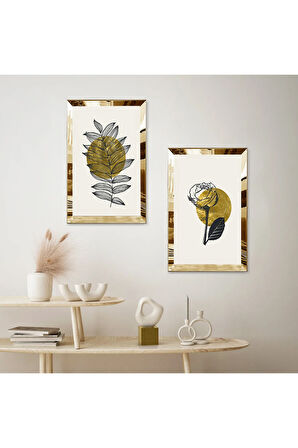 GOLD AYNALI PLEKSİ ÇERÇEVELİ BEYAZ ARKA PLANLI SOYUT BİTKİ İKİLİ MDF TABLO SETİ