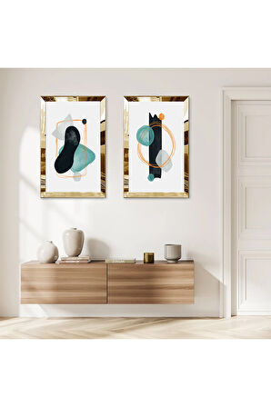 GOLD AYNALI PLEKSİ ÇERÇEVELİ BEYAZ ARKA PLANLI SOYUT RENKLİ DEKORATİF ŞEKİLLER İKİLİ MDF TABLO SETİ